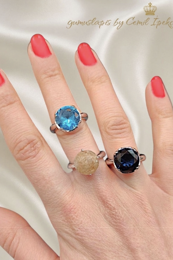 İri Yuvarlak Lab Topaz, Safir ve Rutil Kuvars Taşlı Gümüş Yüzük Serisi