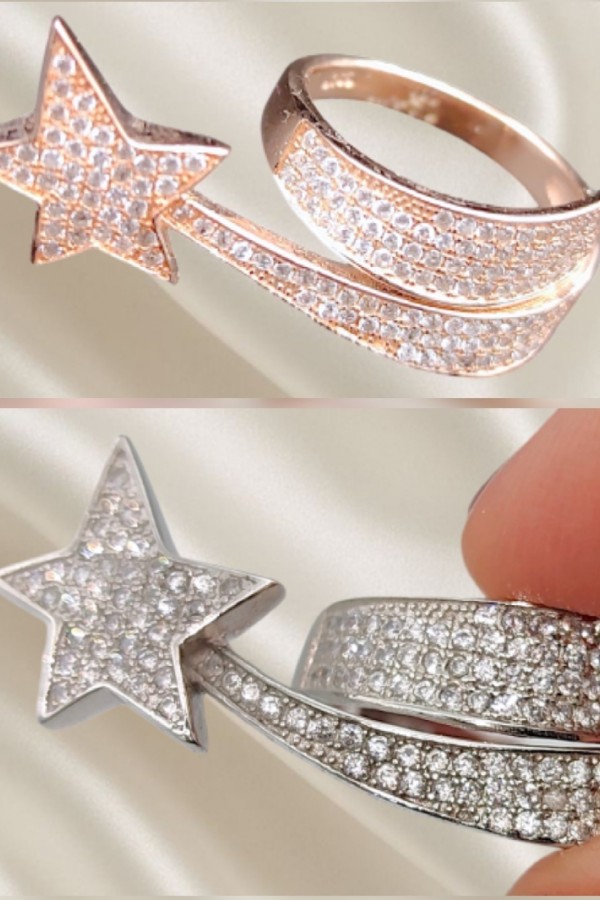 Yıldız Motif Uzun Model Gümüş Yüzük Serisi