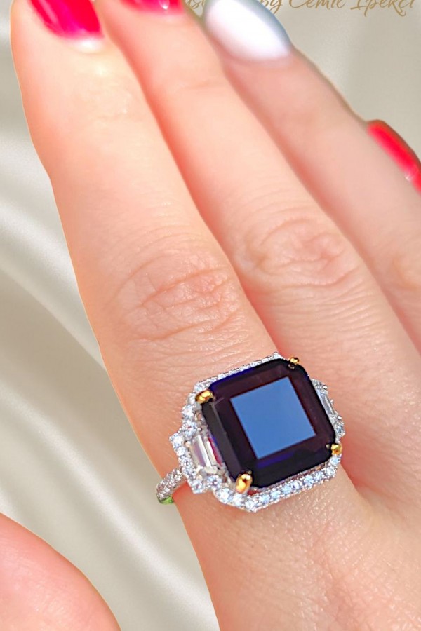 Ametist Taşlı Kare Motif Gümüş Yüzük 