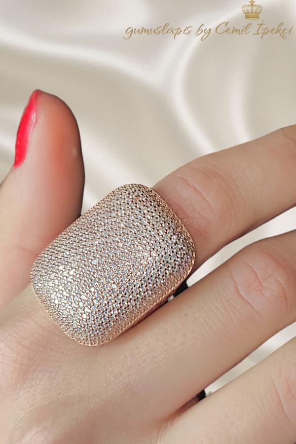 Laboratuvar Pırlantası Taşlı Gümüş Dikdörtgen Yüzük 