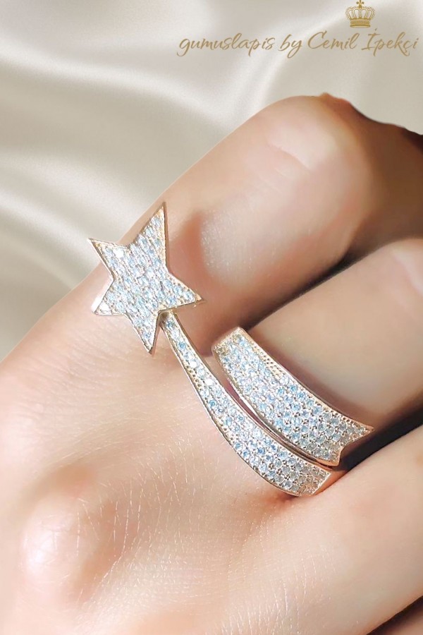 Yıldız Motif Uzun Model Gümüş Yüzük Serisi