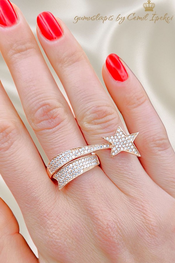 Yıldız Motif Uzun Model Gümüş Yüzük Serisi
