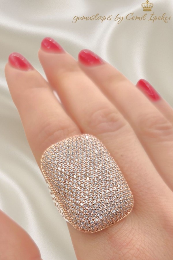 Laboratuvar Pırlantası Taşlı Gümüş Dikdörtgen Yüzük 