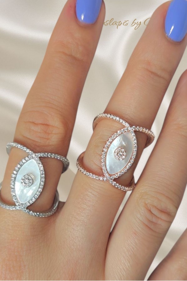 Sedef Taşlı Göz Motif Gümüş Yüzük Serisi 