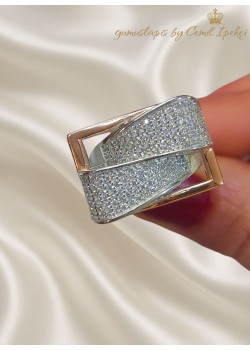 Beyaz Taşlı Gümüş Dikdörtgen Rose Yüzük