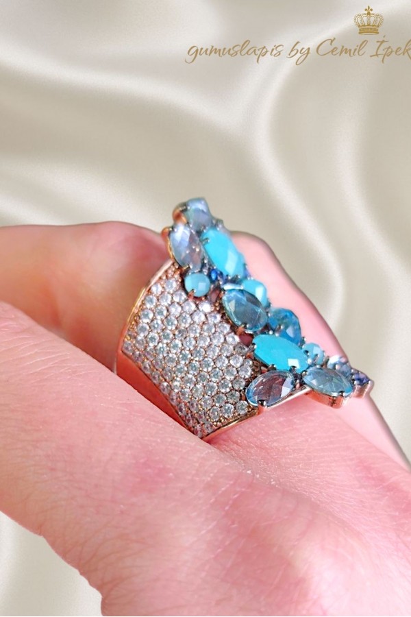 Safir Akuamarin ve Kalsedon Taşlı Gümüş Yüzük