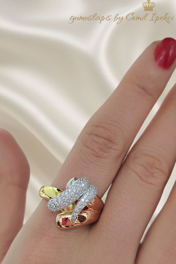 Üç Renkli Elişi Gümüş Yüzük 