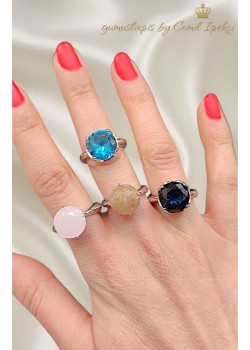 İri Yuvarlak Lab Topaz, Safir ve Rutil Kuvars Taşlı Gümüş Yüzük Serisi