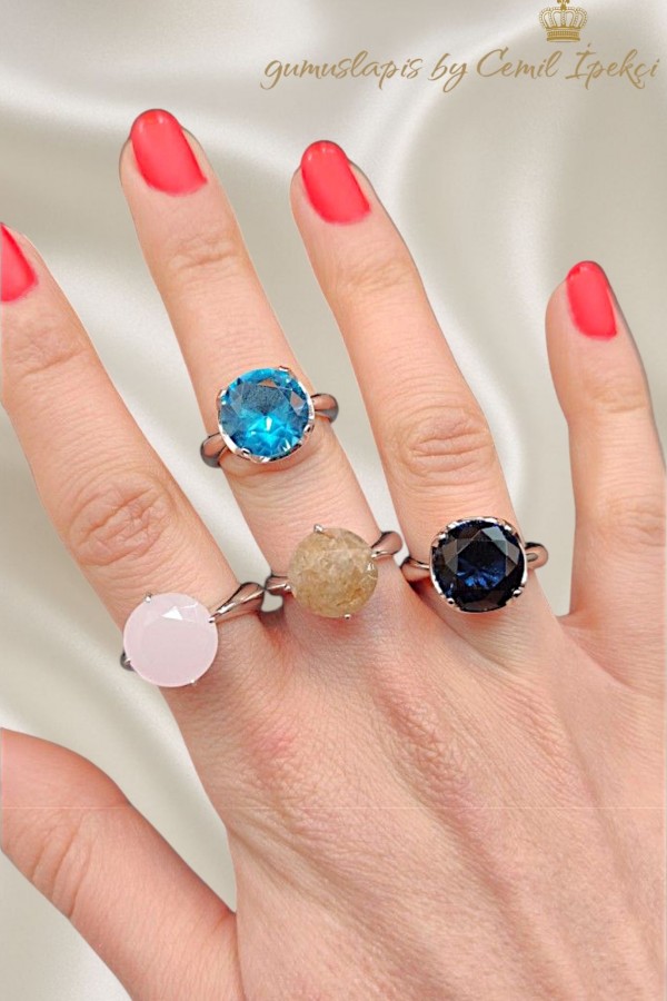 İri Yuvarlak Lab Topaz, Safir ve Rutil Kuvars Taşlı Gümüş Yüzük Serisi