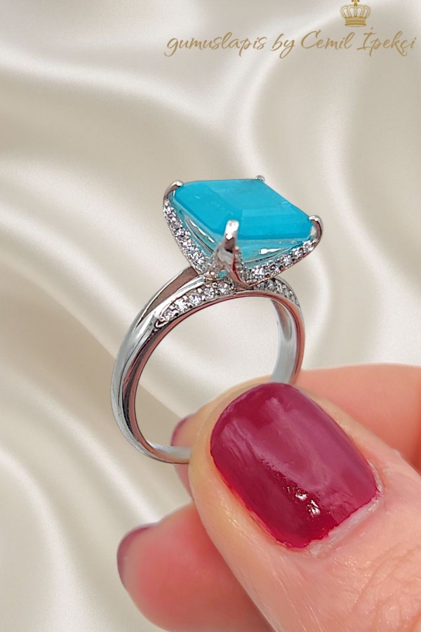Lab Paraiba Turmalin Taşlı Gümüş Yüzük 