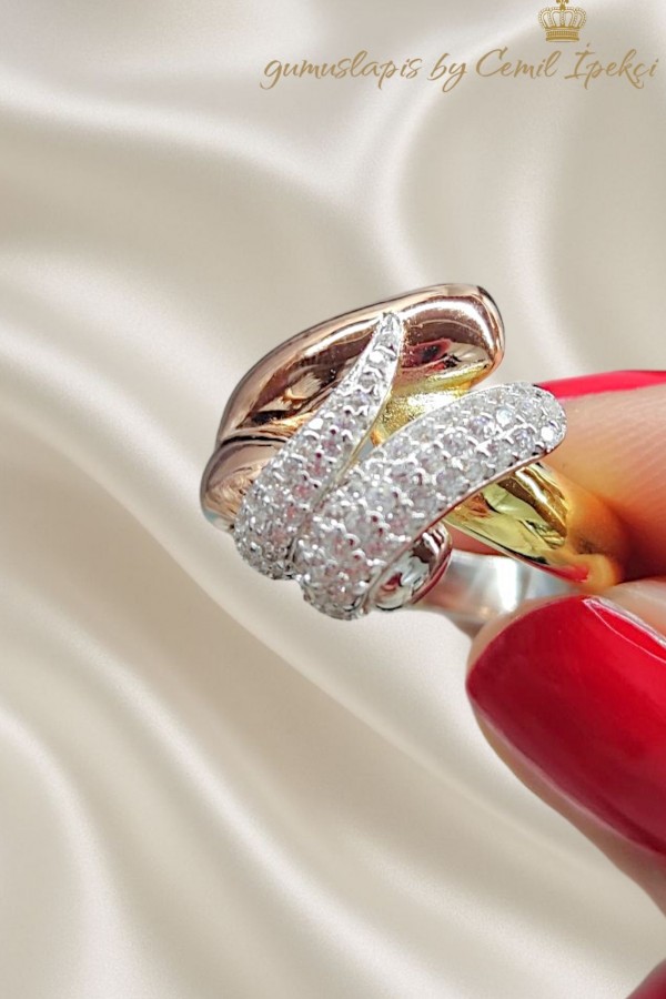 Üç Renkli Elişi Gümüş Yüzük 