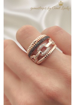 Dumanlı Kuvars Taşlı Zincir Motif Gümüş Yüzük