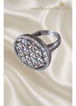 Renkli Taşlarla Süslü Yaşam Çiçeği Gümüş Yüzük