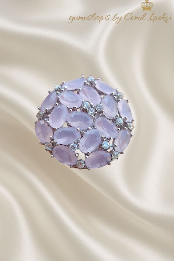 Pembe Kuvars Taşlı Yuvarlak Motif Gümüş Yüzük