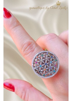 Renkli Taşlarla Süslü Yaşam Çiçeği Gümüş Yüzük