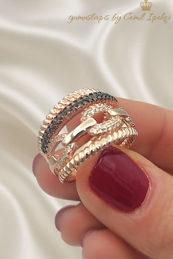 Dumanlı Kuvars Taşlı Zincir Motif Gümüş Yüzük