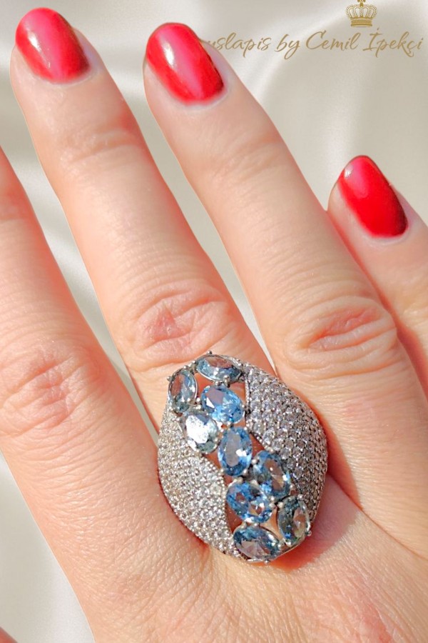 Akuamarin Taşlı Gümüş Yüzük 