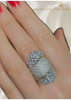 İki Renkli Sarı Beyaz Taşlı Gümüş Yüzük 