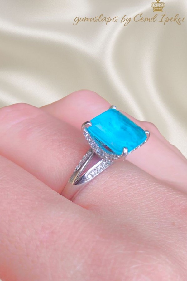 Lab Paraiba Turmalin Taşlı Gümüş Yüzük 