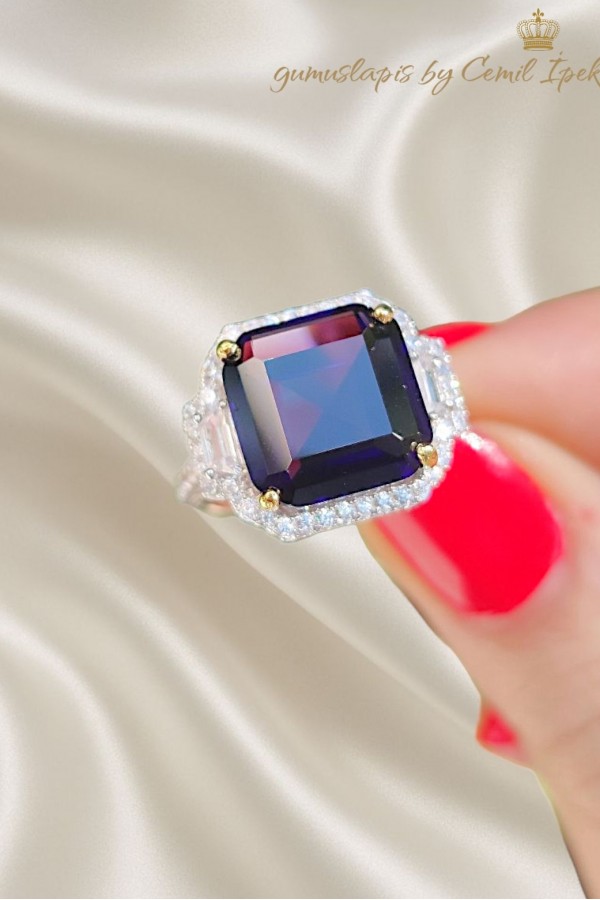 Ametist Taşlı Kare Motif Gümüş Yüzük 