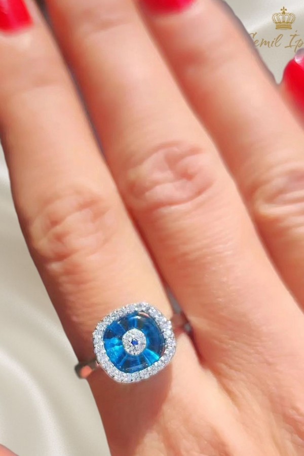 Cam Göz Nazar Boncuklu Gümüş Yüzük