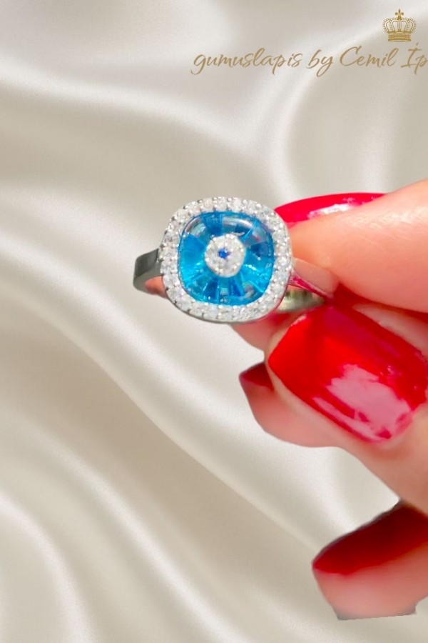 Cam Göz Nazar Boncuklu Gümüş Yüzük