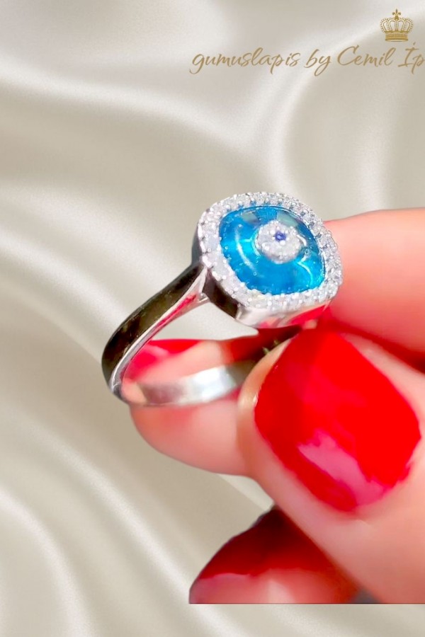 Cam Göz Nazar Boncuklu Gümüş Yüzük