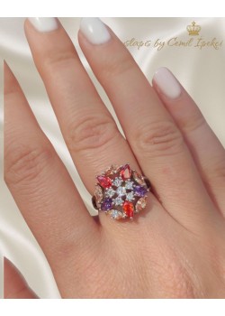 Renkli Taşlarla Süslü Gümüş Yüzük 