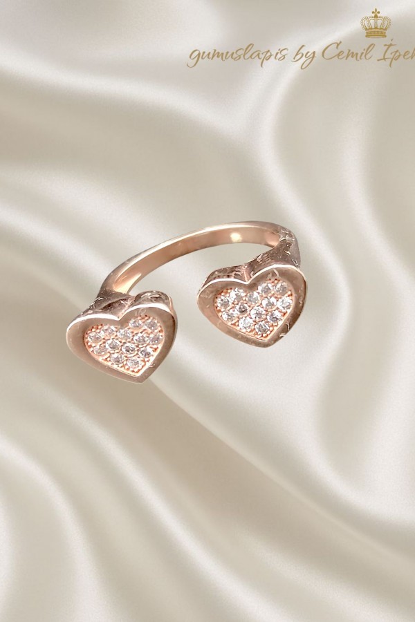 İki Kalp Motif Gümüş Yüzük