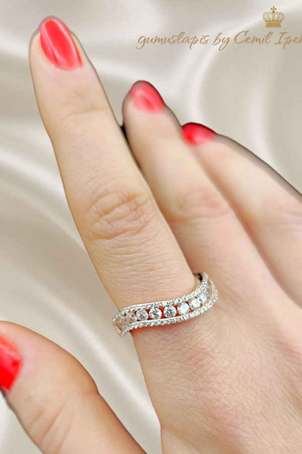 Dalga Motif Taşlı Gümüş Yüzük