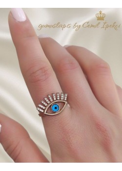 Cam Göz Nazar Boncuklu Gümüş Yüzük