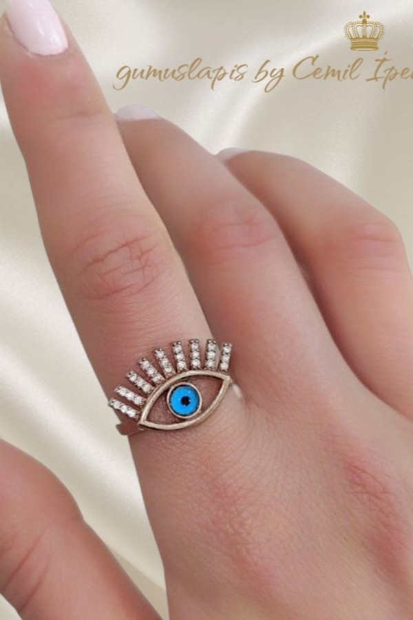 Cam Göz Nazar Boncuklu Gümüş Yüzük
