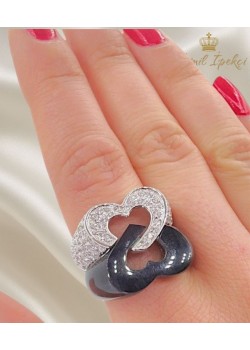 İkili Kalp Motif Onix Taşlı Gümüş Yüzük