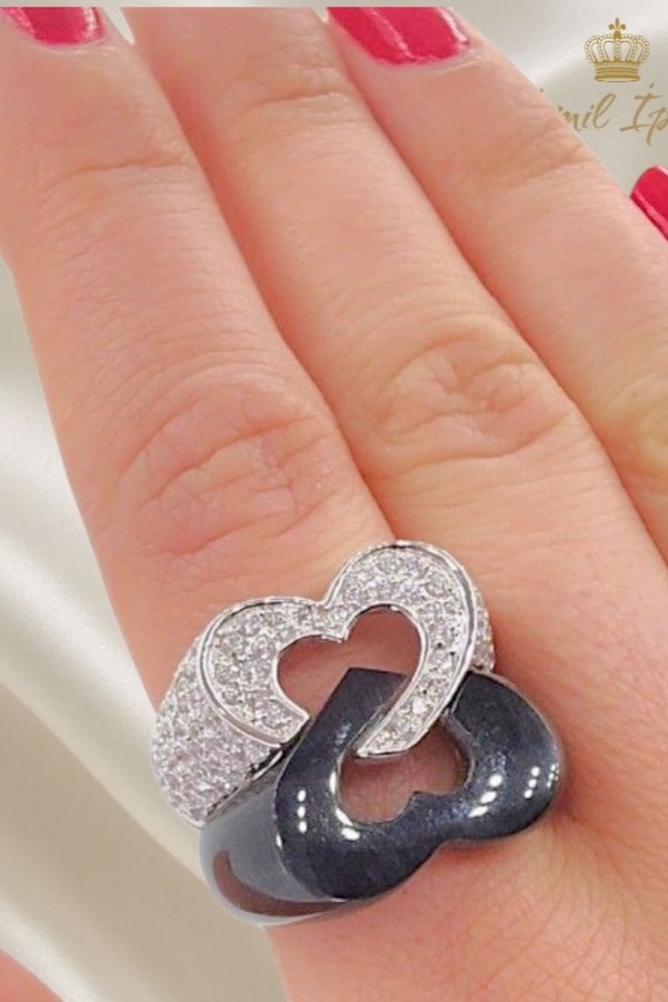 İkili Kalp Motif Onix Taşlı Gümüş Yüzük