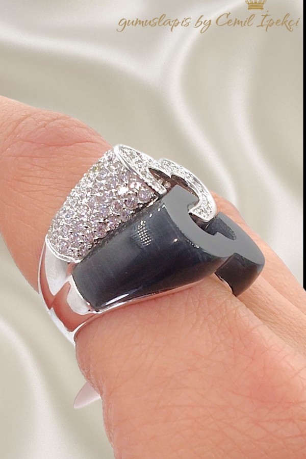 İkili Kalp Motif Onix Taşlı Gümüş Yüzük