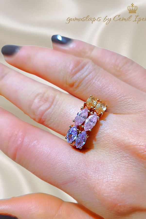 Morganit, Ametist ve Lab Topaz Taşlı Gümüş Yüzük