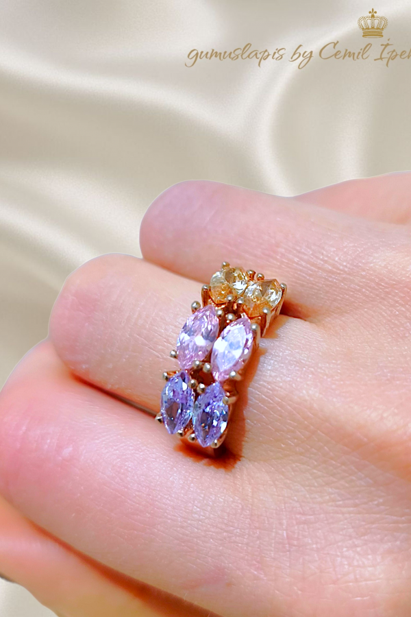 Morganit, Ametist ve Lab Topaz Taşlı Gümüş Yüzük
