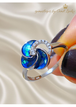 Opal Taşlı Çiçek Motif Gümüş Yüzük 