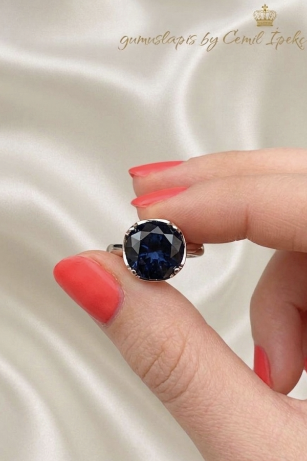 İri Yuvarlak Lab Topaz, Safir ve Rutil Kuvars Taşlı Gümüş Yüzük Serisi