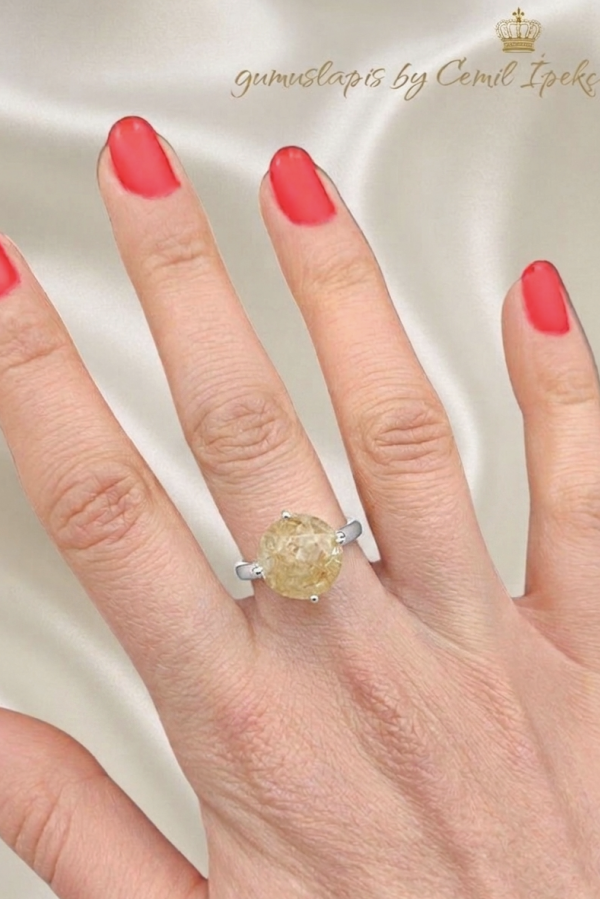 İri Yuvarlak Lab Topaz, Safir ve Rutil Kuvars Taşlı Gümüş Yüzük Serisi