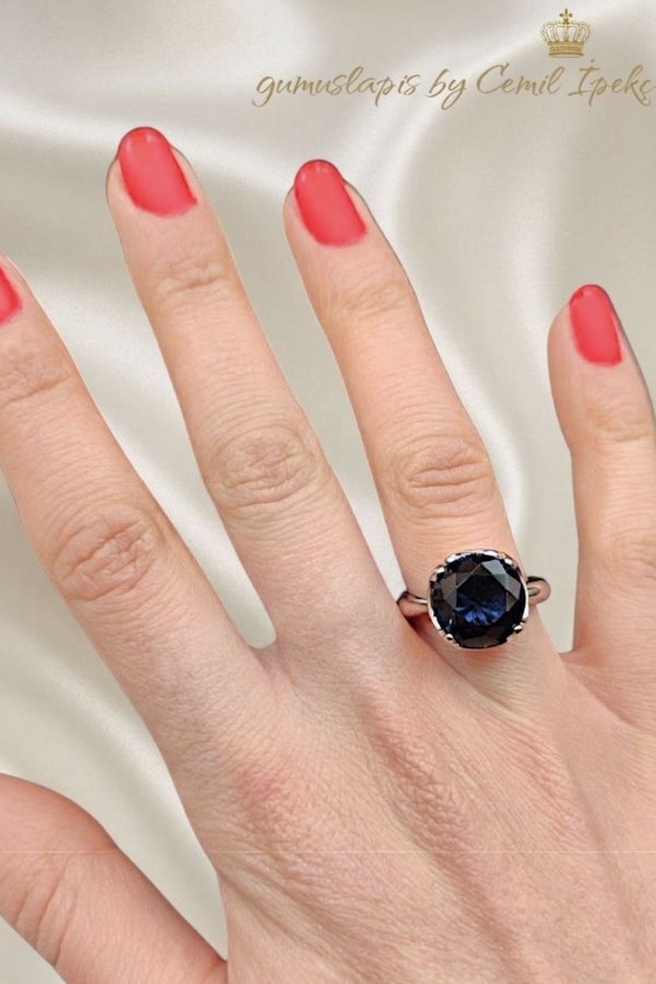 İri Yuvarlak Lab Topaz, Safir ve Rutil Kuvars Taşlı Gümüş Yüzük Serisi