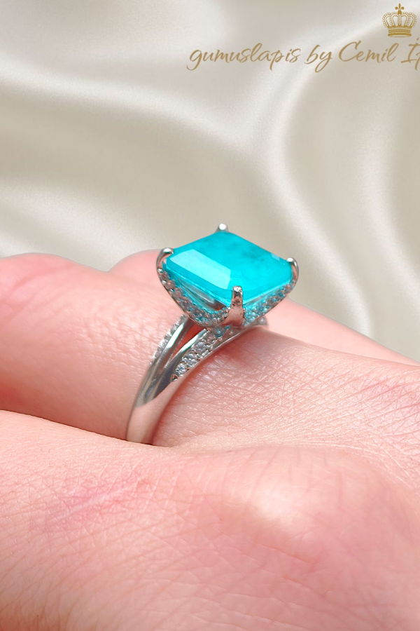Lab Paraiba Turmalin Taşlı Gümüş Yüzük 