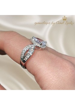 Laboratuvar Pırlantası Taşlı Damla Motif Gümüş Yüzük 