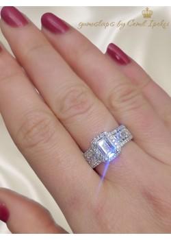 Laboratuvar Pırlantası Taşlı Baget Kesim Gümüş Yüzük 