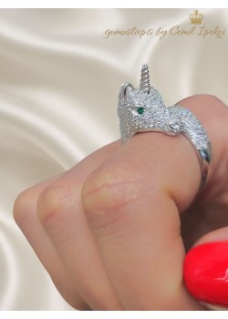 Laboratuvar Pırlantası Taşlı Tek Boynuzlu At Motif Gümüş Yüzük