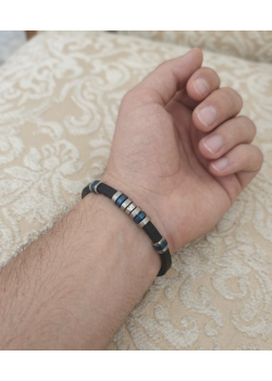 Ortası Taşlı Siyah Lacivert Deri Çelik Bileklik