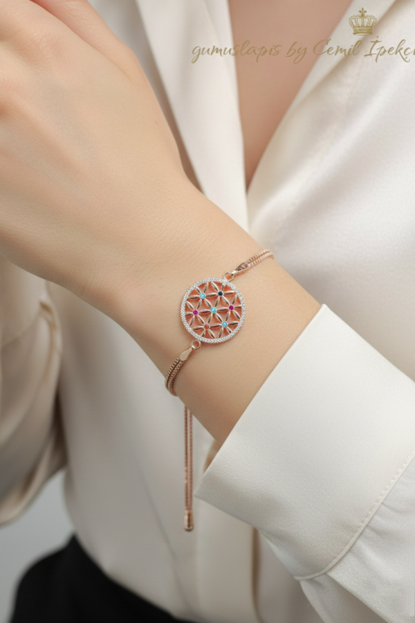 Yaşam Çiçeği Motif Gümüş Bileklik