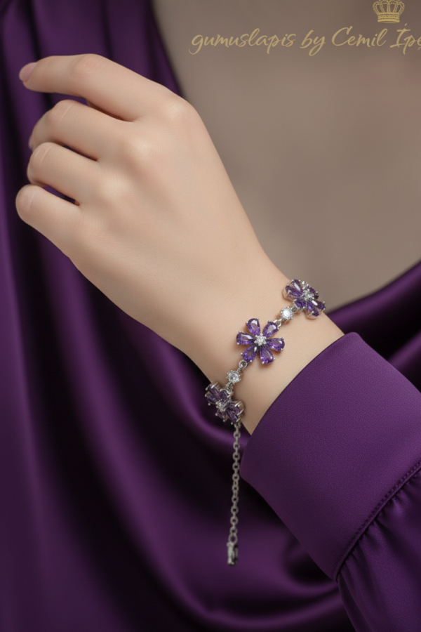 Ametist Taşlı Papatya Motif Gümüş Bileklik