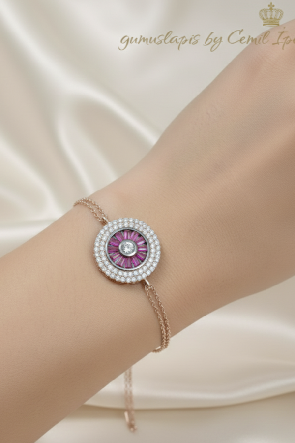 Ortası Yakut Taşlı Gümüş Bileklik 