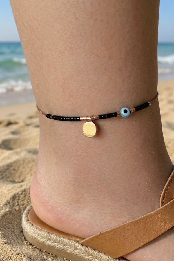 Cam Göz Nazar Boncuklu Taşlı Gümüş Halhal Serisi (siyah)